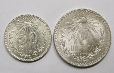 MEXIC 50 CENTAVOS+UN PESO 1944 . #ARGINT . CU LUCIU DE BATERE . foto