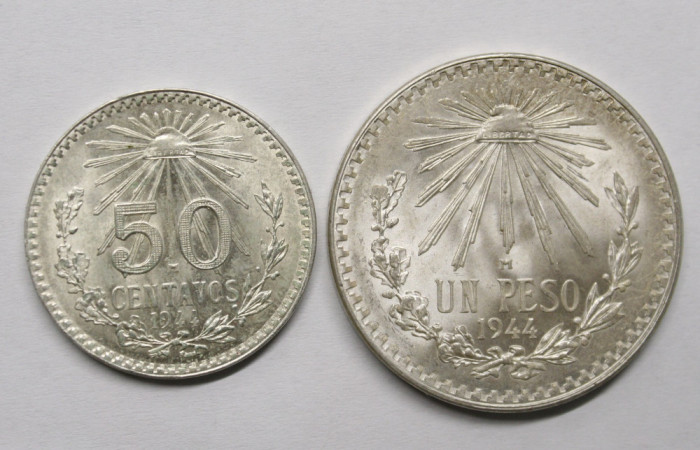 MEXIC 50 CENTAVOS+UN PESO 1944 . #ARGINT . CU LUCIU DE BATERE .