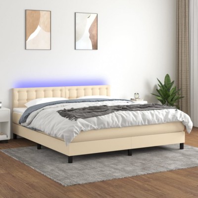 vidaXL Pat cu arcuri, saltea și LED, crem, 160x200 cm, textil 3133490 foto