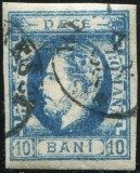1872 , Lp 31e , Carol I cu barba 10 Bani , albastru Prusia - stampilat