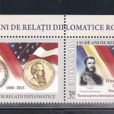 ROMANIA 2015 - 135 ANI RELATII DIPLOMATICE ROMANIA-SUA, VINIETA 2, MNH-LP 2083a