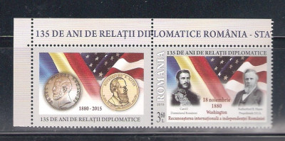ROMANIA 2015 - 135 ANI RELATII DIPLOMATICE ROMANIA-SUA, VINIETA 2, MNH-LP 2083a foto