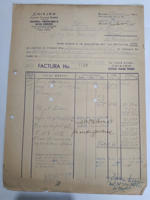 Factura emisa de Chiajna S.A.R. Bucuresti 1945 / CD1P