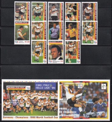 Maldive 1992-Germania c&amp;acirc;știgatoarea C.M. de fotbal - 1990, Serie + 2 Colite, MNH foto