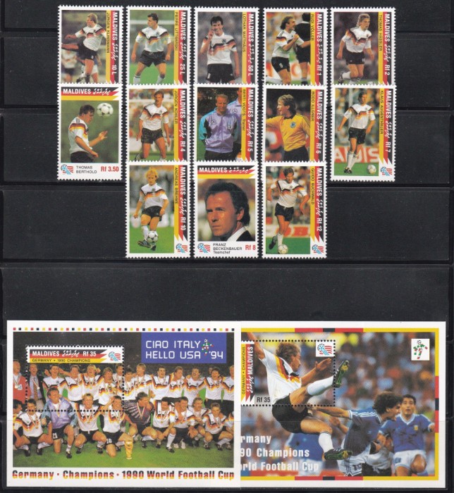 Maldive 1992-Germania c&acirc;știgatoarea C.M. de fotbal - 1990, Serie + 2 Colite, MNH
