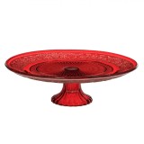 Platou pentru Prajituri, 25x7.5cm, Sticla, Rosu, cu Picior, Model Sculptat, Oem