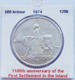 194 Islanda 500 kronur 1974 1st Settlement km 20 argint, Europa