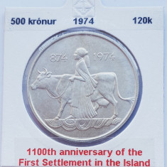 194 Islanda 500 kronur 1974 1st Settlement km 20 argint