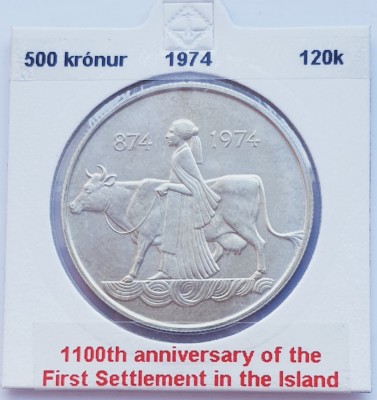 194 Islanda 500 kronur 1974 1st Settlement km 20 argint foto