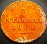 Moneda istorica 3 PFENNINGE - PRUSIA (Germania), anul 1861 A * cod 515, Europa