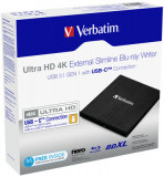 Verbatim 43889, Negru, Tăviță, Desktop/Notebook, Blu-Ray RW, USB 3.1 Gen 1, BD,BD-R,BD-R DL,CD,DVD