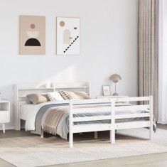 vidaXL Cadru de pat cu tăblie, alb, 135x190 cm, lemn masiv de pin 3306675