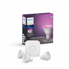 Starter Kit GU10 Philips Hue, functionalitate Bluetooth Kit-ul contine 3x becuri LED GU10 (ambianta alba/color) si 1x bridge foto