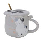 Cana cu capac din ceramica si lingurita Pufo Sweet Kitty pentru cafea sau ceai, 300 ml, gri