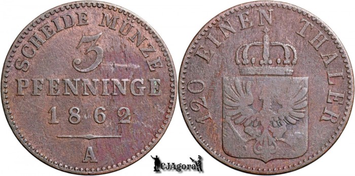 1862 A, 3 Pfenninge - Wilhelm I - Regatul Prusiei