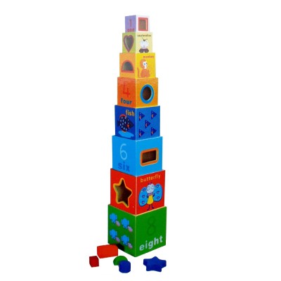 Jucarie Turnul din lemn format din 8 cuburi cu cifre, animale si sortatator pentru diferite forme, Montessori foto
