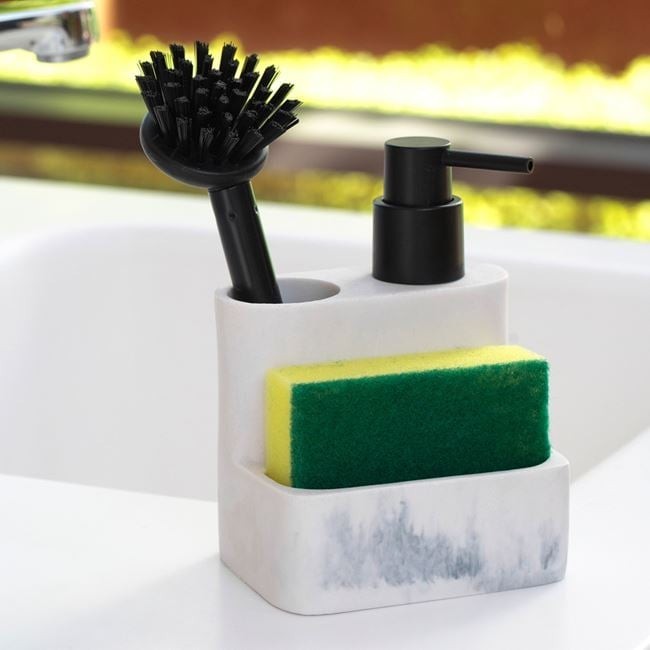 Organizator Bucatarie Marble, cu Suport Burete, Perie si Dozator Detergent, 11x8.5x15.5 cm