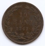 Romania 10 Bani 1867 Heaton - Carol I, Cupru, 25 mm, KM-4.1 (3)