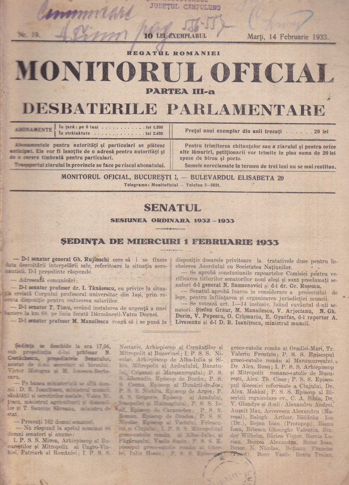 MONITORUL OFICIAL - PARTEA III a DESBATERILE PARLAMENTARE, 1933, Nr.19