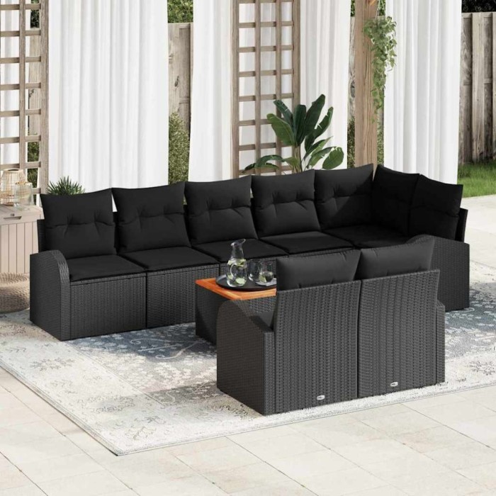 Set de Canapea de Grădină 9 pcs Negru Mare Răchită &amp; Lemn masiv