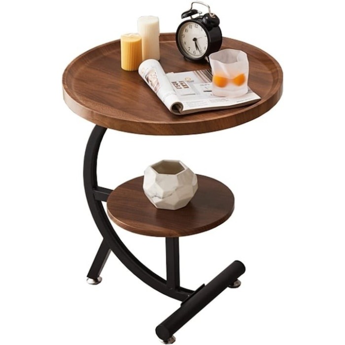 Masuta de cafea, din lemn si metal, cu 2 polite, cu picioare antialunecare, cu margini inalte, impermeabila, maro/negru