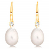 Cumpara ieftin Cercei din aur galben 14K - perla albă ovală și zirconiu transparent pe c&acirc;rlig