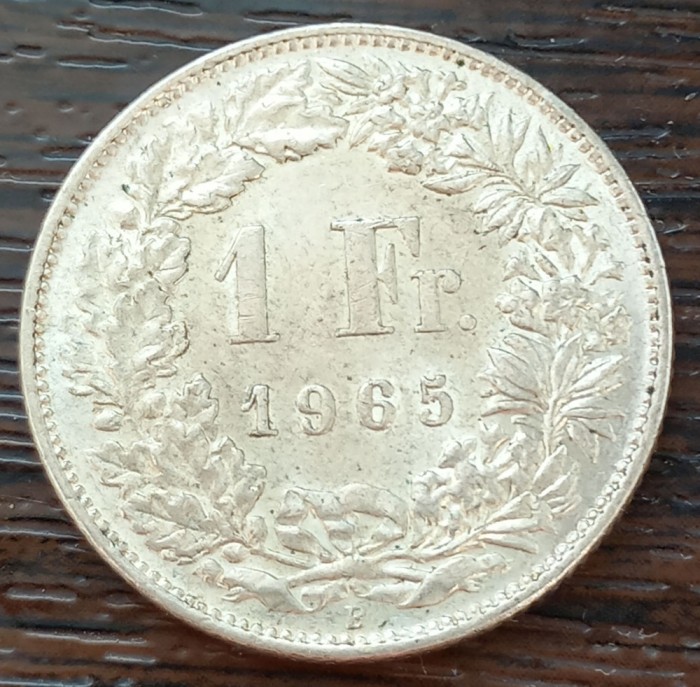 (A932) MONEDA DIN ARGINT ELVETIA - 1 FRANC 1965, 5 GRAME, PURITATE 835, LUCIU DE BATERE