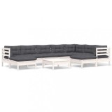 Set mobilier gradina cu perne, 10 piese, alb, lemn masiv pin