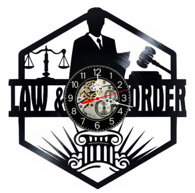 Ceas de perete decorativ realizat din disc de vinil, Model Avocat Drept Law and Order Balanta Ciocan, Negru, 30 cm foto