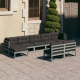 vidaXL Set mobilier grădină cu perne, 9 piese, gri, lemn masiv de pin 3077136