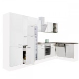 Dulap de bucătărie de colț Yorki 370, corp alb, față alb satinat, element cuptor inferior, dulap cu raft, frigider congelator superior