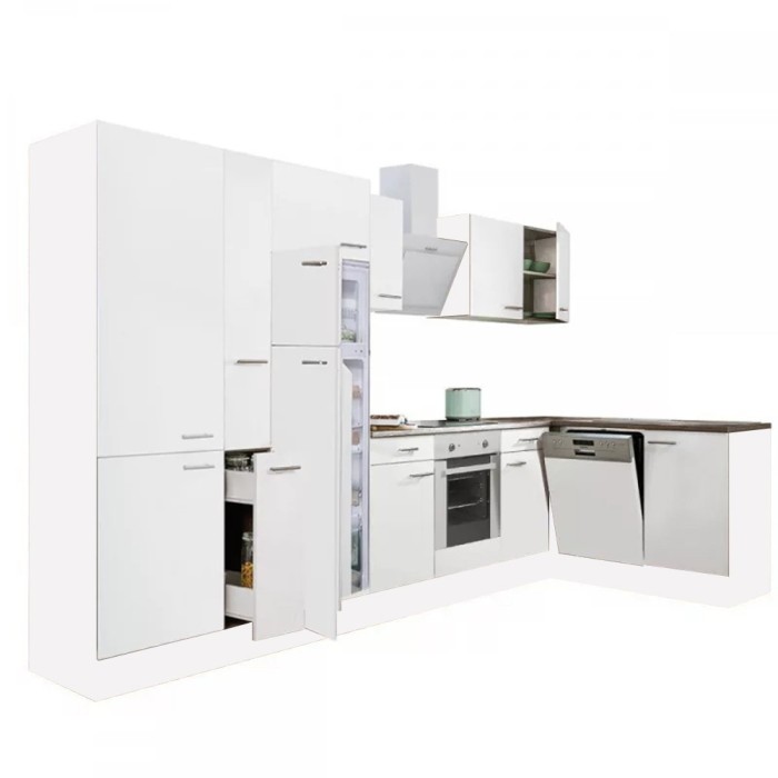 Dulap de bucătărie de colț Yorki 370, corp alb, față alb satinat, element cuptor inferior, dulap cu raft, frigider congelator superior