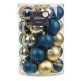 Set Globuri de Craciun Albastre Aurii Mate Stralucitoare cu Glitter &Oslash;7cm &amp; Beteala - 31buc, CMCLASS