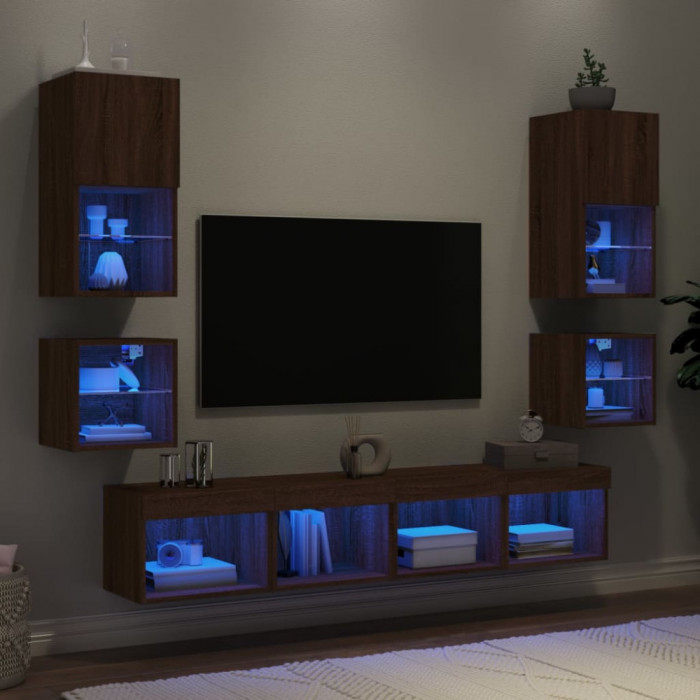 Unitati de perete TV cu LED-uri, 8 piese, stejar maro, lemn GartenMobel Dekor