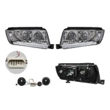 Set faruri Skoda Fabia (6y), 04.2000-03.2007, partea Stanga+Dreapta, Tuning, Fata, cu lumina de parcare LED; tip bec H1+H1; manual; transparent, argi, Rapid