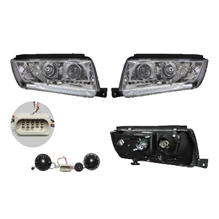 Set faruri Skoda Fabia (6y), 04.2000-03.2007, partea Stanga+Dreapta, Tuning, Fata, cu lumina de parcare LED; tip bec H1+H1; manual; transparent, argi