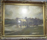 Udvary P&aacute;l (1900 - 1987) - car cu cai dupa ploaie rama + sticla 70/50cm, Peisaje, Ulei, Impresionism