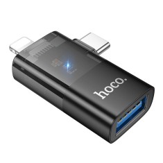 Adaptor HOCO OTG 2in1 Lightning (mascul) Tip C (mascul) la USB A (fema) UA36E negru
