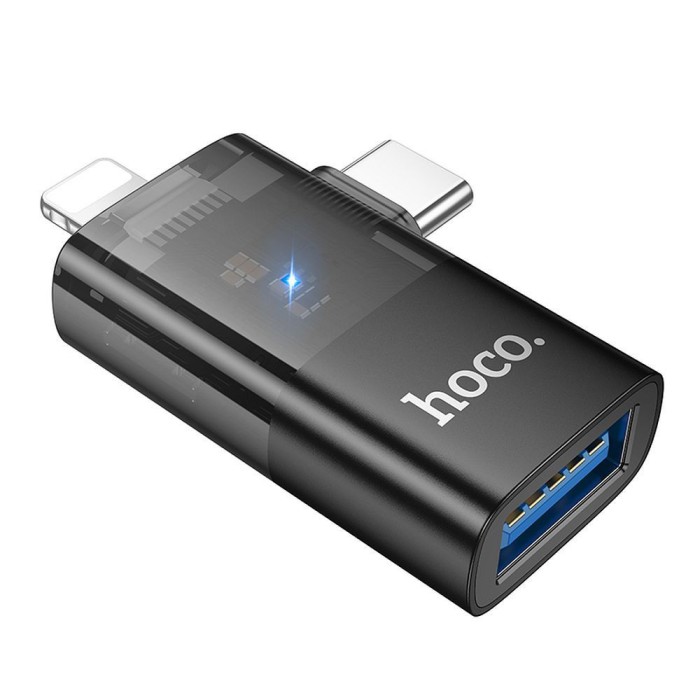 Adaptor HOCO OTG 2in1 Lightning (mascul) Tip C (mascul) la USB A (fema) UA36E negru