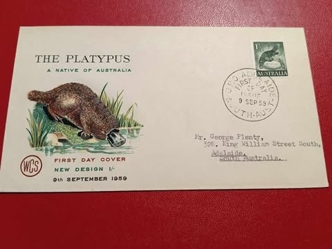 Australia 1959 - ornitorincul cu cioc de rata, FDC circulata
