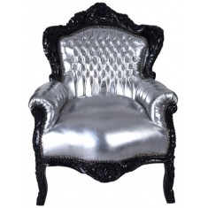 Fotoliu monumental din lemn masiv negru cu tapiterie argintie CAT588C36