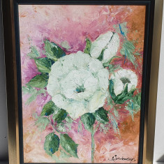 PICTURA, TABLOU modern, decorativ,"Un trandafir alb", NOU , pictor roman