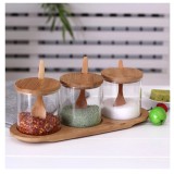 Set pentru condimente, 3 recipiente sticla Borosilicata, cu lingurite, capace si tava din bambus, 30x10x10 cm