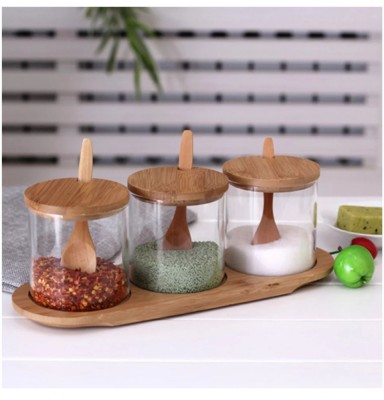 Set pentru condimente, 3 recipiente sticla Borosilicata, cu lingurite, capace si tava din bambus, 30x10x10 cm foto