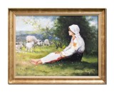 Cumpara ieftin Tablou Ciobanita pictat manual inramat, 65x50cm ulei pe panza, rama din lemn, Geo Ungureanu