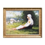 Tablou Ciobanita pictat manual inramat, 65x50cm ulei pe panza, rama din lemn, Geo Ungureanu