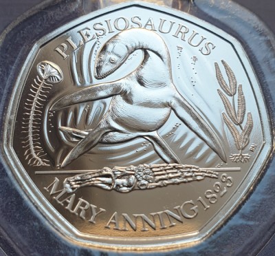 50 pence 2021 Marea Britanie, Plesiosaurus, Dinosauria, B unc, Coincard foto