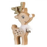 Decorațiune Crăciun Lemn, Model Cerb, Pene Albe, Clopoțel, Detalii Glitter Bej șampanie, 15cm