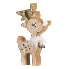 Decorațiune Crăciun Lemn, Model Cerb, Pene Albe, Clopoțel, Detalii Glitter Bej șampanie, 15cm