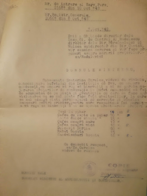 1942, Solicitare mărire prețuri la Bufetul Ministerului Agricult. și Domeniilor
